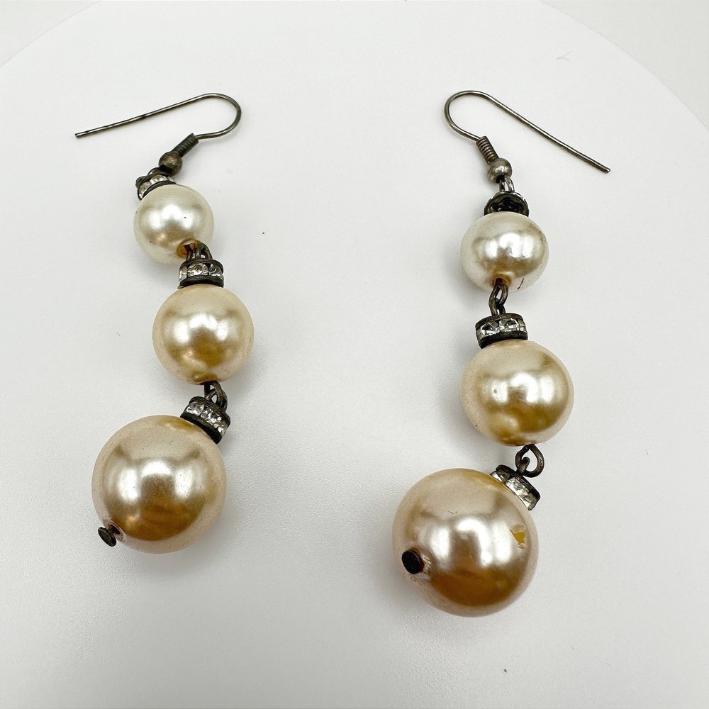 Vintage Faux Pearl Drop Earrings Silver Tone Crystal Accents Jewelry Statement
